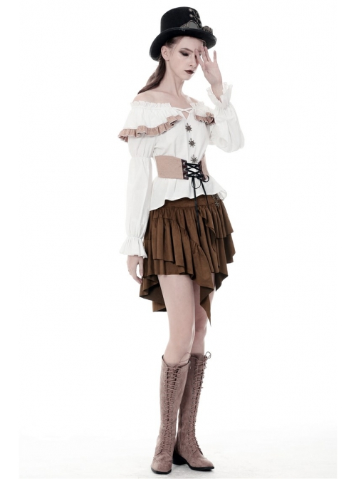 Metal Decoration Irregular Frill Hem Brown Punk Short Skirt