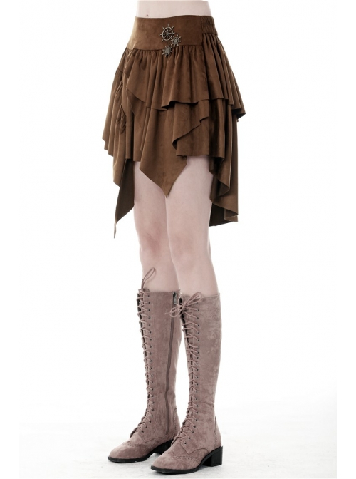 Metal Decoration Irregular Frill Hem Brown Punk Short Skirt