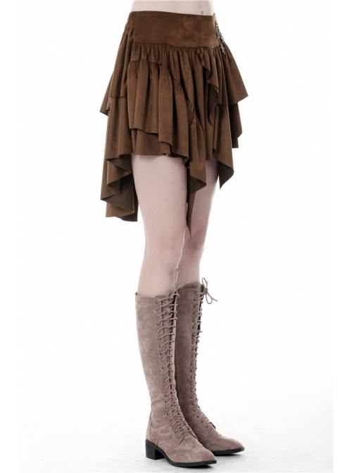 Metal Decoration Irregular Frill Hem Brown Punk Short Skirt