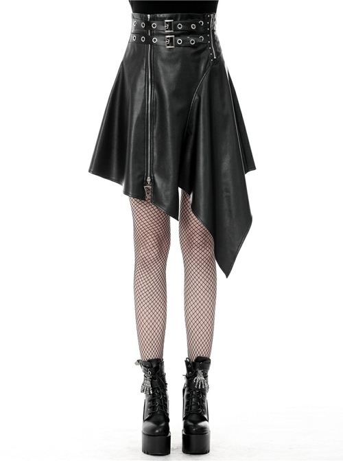 Metal Ring Leather Belt Side Zipper Irregular Frill Hem Black Punk PU Skirt