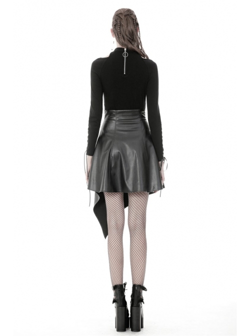 Metal Ring Leather Belt Side Zipper Irregular Frill Hem Black Punk PU Skirt