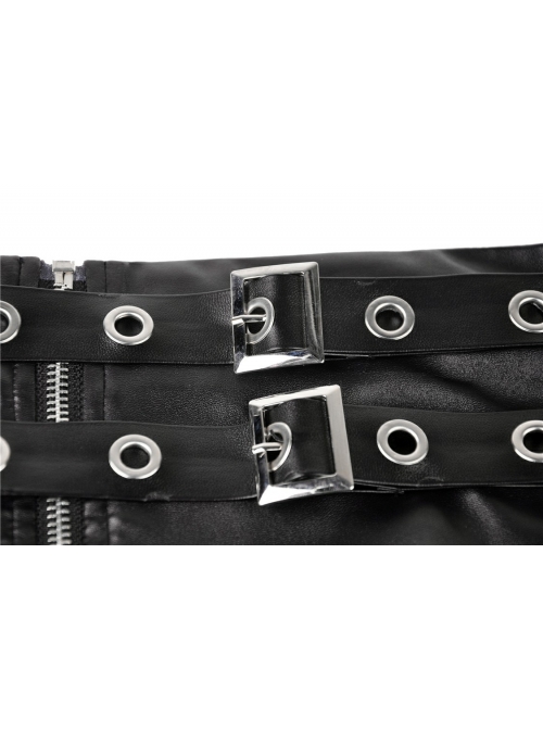 Metal Ring Leather Belt Side Zipper Irregular Frill Hem Black Punk PU Skirt
