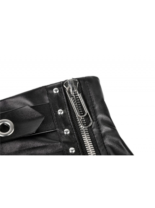 Metal Ring Leather Belt Side Zipper Irregular Frill Hem Black Punk PU Skirt