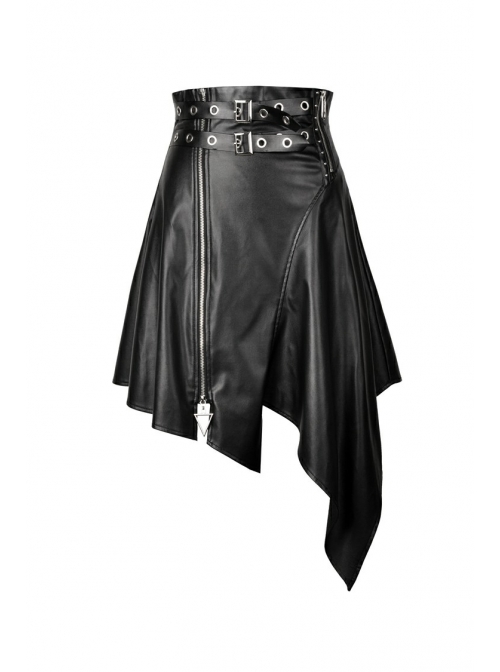 Metal Ring Leather Belt Side Zipper Irregular Frill Hem Black Punk PU Skirt
