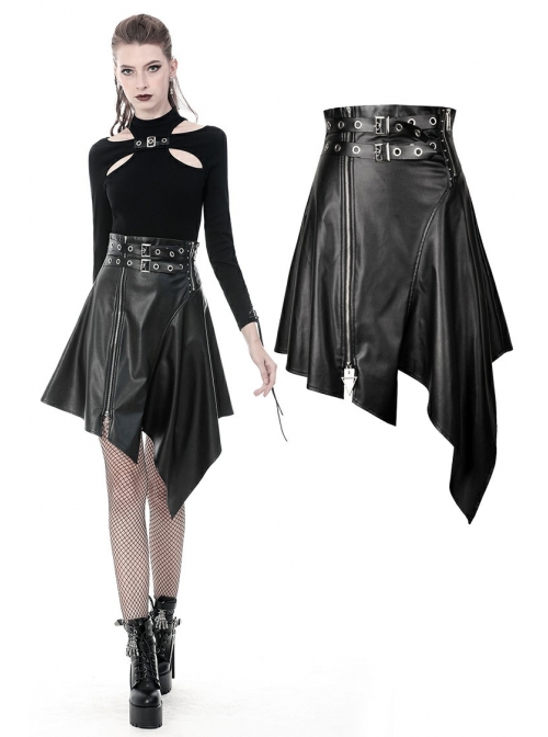 Metal Ring Leather Belt Side Zipper Irregular Frill Hem Black Punk PU Skirt