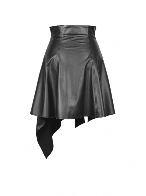Metal Ring Leather Belt Side Zipper Irregular Frill Hem Black Punk PU Skirt