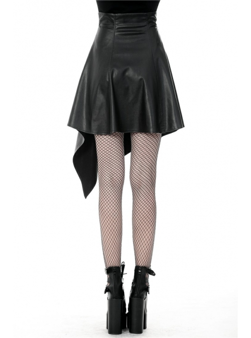 Metal Ring Leather Belt Side Zipper Irregular Frill Hem Black Punk PU Skirt