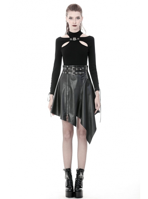 Metal Ring Leather Belt Side Zipper Irregular Frill Hem Black Punk PU Skirt