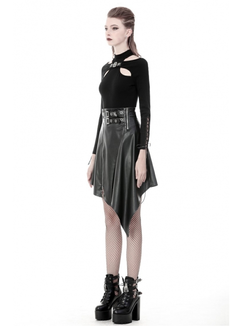 Metal Ring Leather Belt Side Zipper Irregular Frill Hem Black Punk PU Skirt