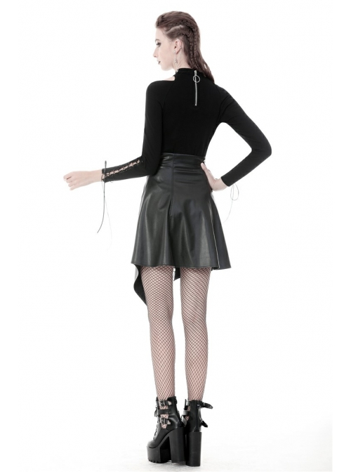 Metal Ring Leather Belt Side Zipper Irregular Frill Hem Black Punk PU Skirt