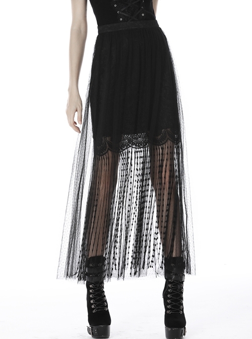 Black Punk Tasseled Mesh See-Through Long Skirt