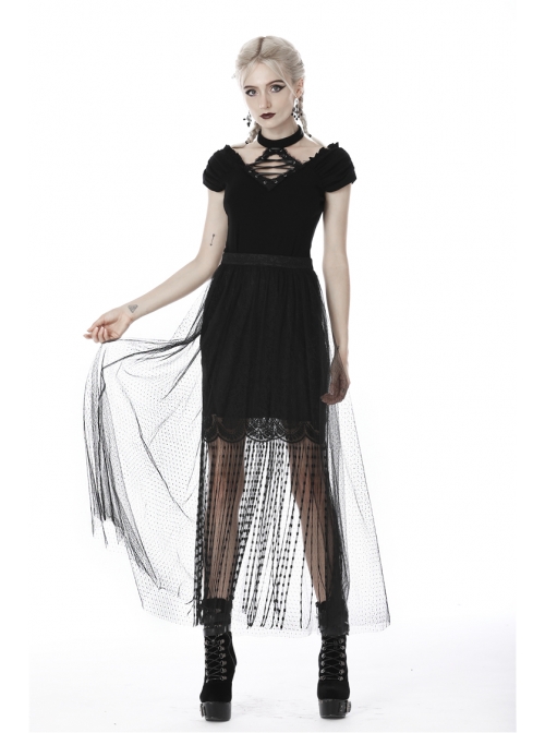Black Punk Tasseled Mesh See-Through Long Skirt