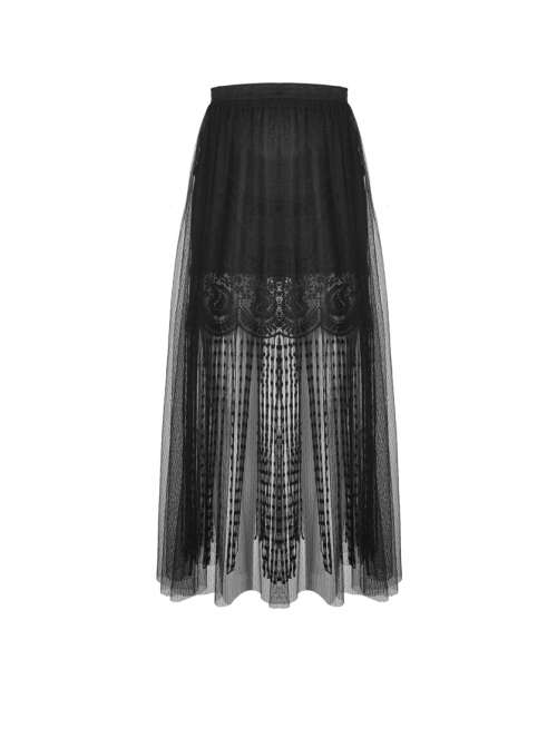 Black Punk Tasseled Mesh See-Through Long Skirt
