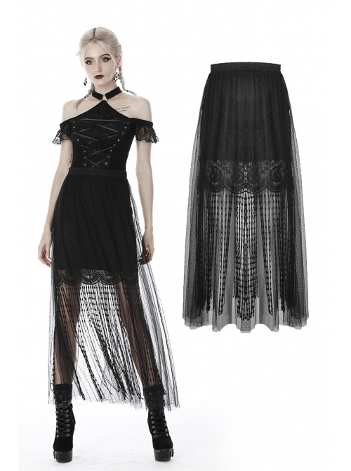 Black Punk Tasseled Mesh See-Through Long Skirt