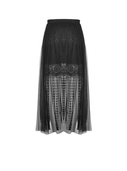 Black Punk Tasseled Mesh See-Through Long Skirt