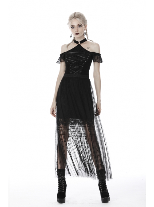 Black Punk Tasseled Mesh See-Through Long Skirt