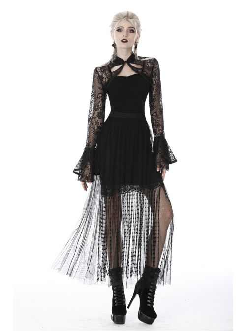 Black Punk Tasseled Mesh See-Through Long Skirt