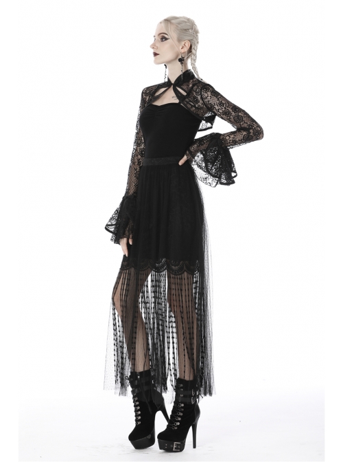 Black Punk Tasseled Mesh See-Through Long Skirt