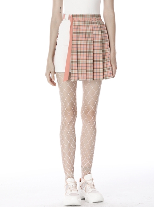 Hollow Out Belt Pink Checked  Punk Pleated Short Skirt