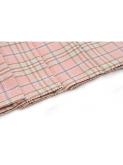 Hollow Out Belt Pink Checked  Punk Pleated Short Skirt