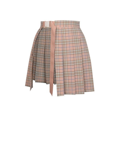 Hollow Out Belt Pink Checked  Punk Pleated Short Skirt