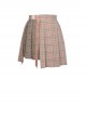 Hollow Out Belt Pink Checked  Punk Pleated Short Skirt