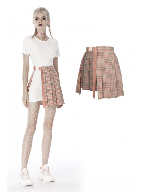 Hollow Out Belt Pink Checked  Punk Pleated Short Skirt