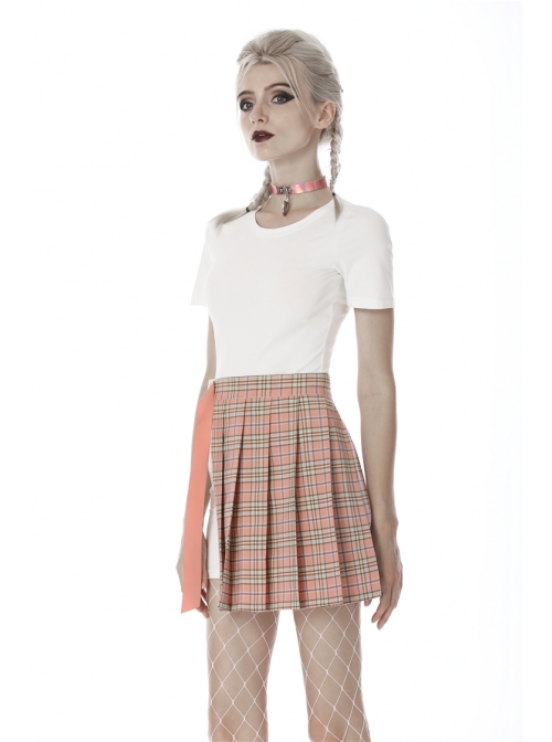Hollow Out Belt Pink Checked  Punk Pleated Short Skirt