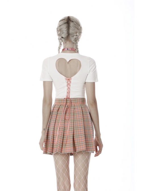 Hollow Out Belt Pink Checked  Punk Pleated Short Skirt