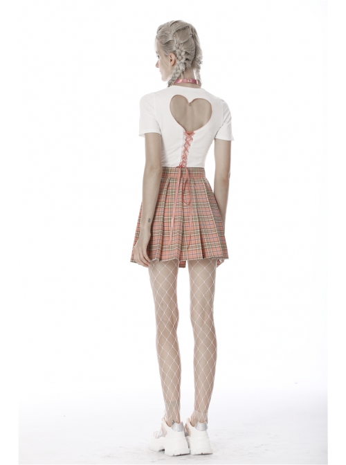 Hollow Out Belt Pink Checked  Punk Pleated Short Skirt