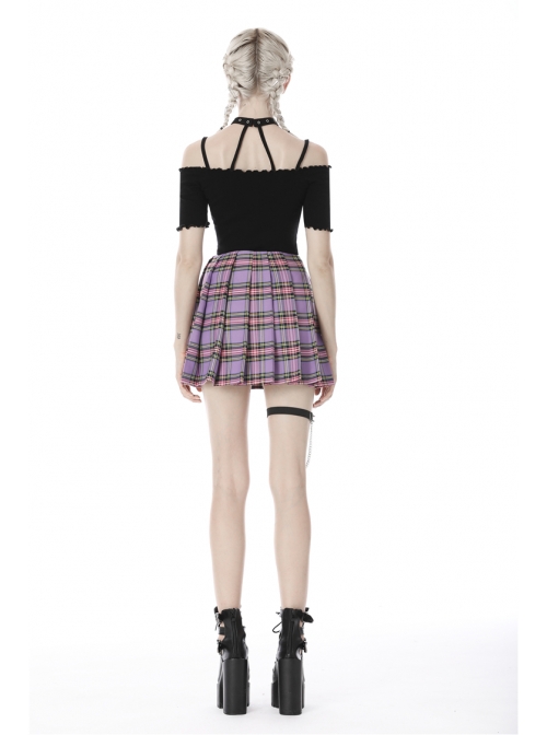 Side Metal Hasp Chain Purple Checked Splice Black Punk Pleated Short Skirt