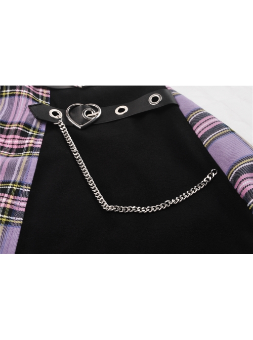 Side Metal Hasp Chain Purple Checked Splice Black Punk Pleated Short Skirt
