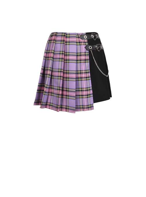 Side Metal Hasp Chain Purple Checked Splice Black Punk Pleated Short Skirt