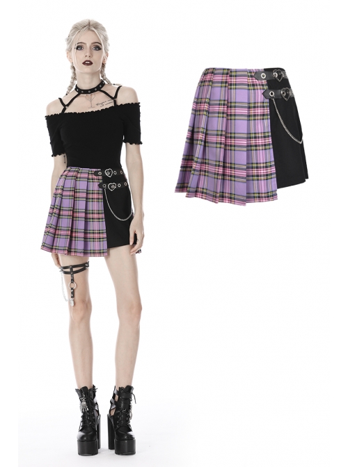 Side Metal Hasp Chain Purple Checked Splice Black Punk Pleated Short Skirt