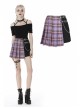 Side Metal Hasp Chain Purple Checked Splice Black Punk Pleated Short Skirt