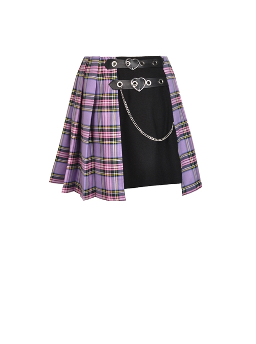 Side Metal Hasp Chain Purple Checked Splice Black Punk Pleated Short Skirt