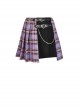 Side Metal Hasp Chain Purple Checked Splice Black Punk Pleated Short Skirt