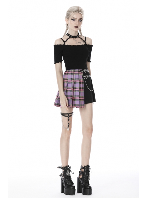 Side Metal Hasp Chain Purple Checked Splice Black Punk Pleated Short Skirt