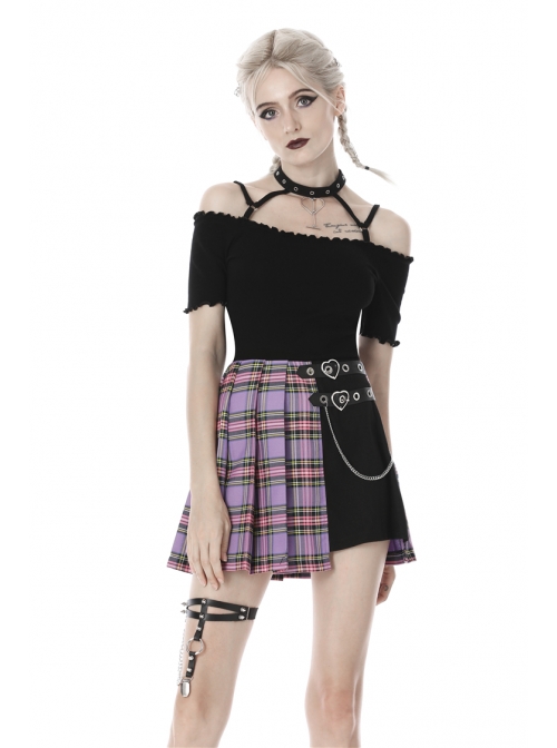 Side Metal Hasp Chain Purple Checked Splice Black Punk Pleated Short Skirt