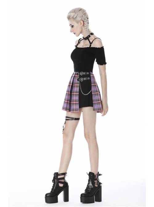 Side Metal Hasp Chain Purple Checked Splice Black Punk Pleated Short Skirt