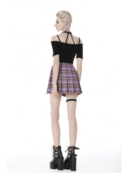 Side Metal Hasp Chain Purple Checked Splice Black Punk Pleated Short Skirt