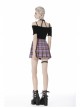 Side Metal Hasp Chain Purple Checked Splice Black Punk Pleated Short Skirt