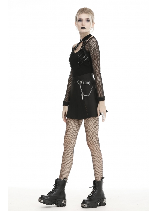 Metal Chain Decorative Leather Belt Black Punk Pleated Mini Skirt