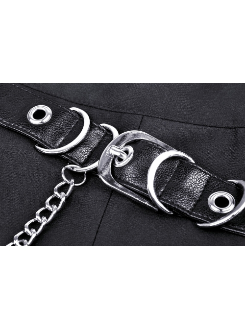 Metal Chain Decorative Leather Belt Black Punk Pleated Mini Skirt