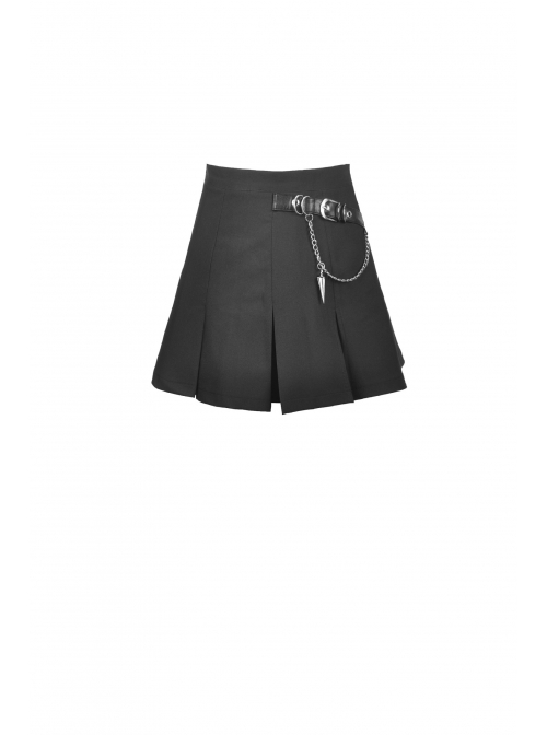 Metal Chain Decorative Leather Belt Black Punk Pleated Mini Skirt