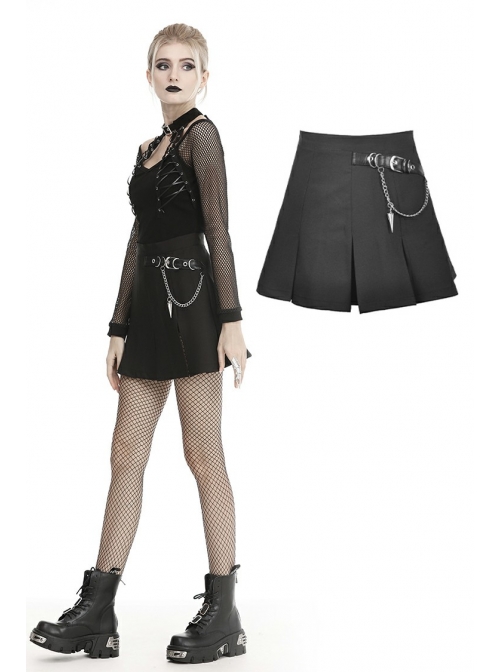 Metal Chain Decorative Leather Belt Black Punk Pleated Mini Skirt