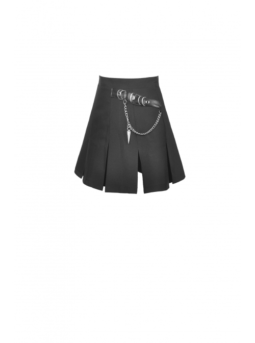 Metal Chain Decorative Leather Belt Black Punk Pleated Mini Skirt
