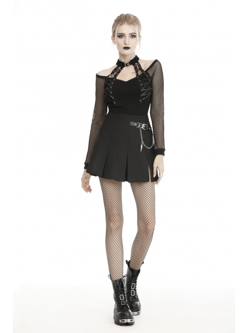 Metal Chain Decorative Leather Belt Black Punk Pleated Mini Skirt