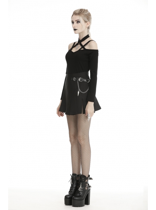 Metal Chain Decorative Leather Belt Black Punk Pleated Mini Skirt