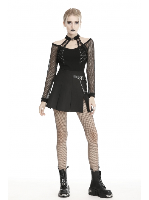 Metal Chain Decorative Leather Belt Black Punk Pleated Mini Skirt